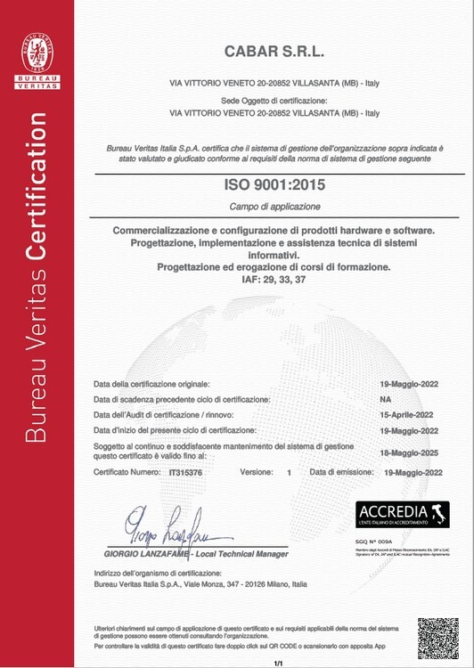 Cabar Certificazione ISO 9001:2015